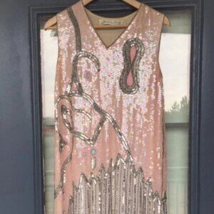 Vtg Howard Hearstfield Luxury Light Pink Silver Hand Beaded Sequin Silk Dress M